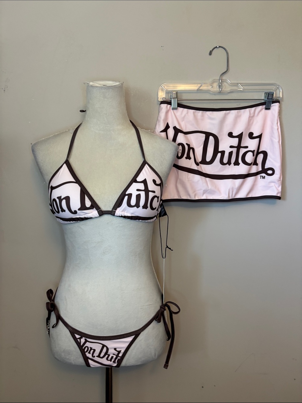 Von Dutch Pink/Brown Contrast Binding 3 Piece Bikini & Skirt Set